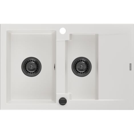 Mexen Gaspar fregadero de granito 1,5 senos con escurridor 737 x 475 mm, blanco, sif贸n negro - 6507731505-20-B