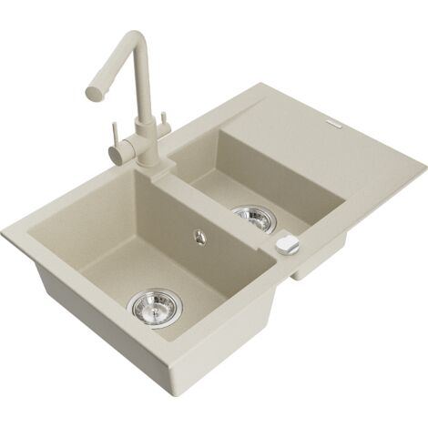 Mexen Gaspar fregadero de granito 1,5 senos con escurridor y grifo de cocina Duero, beige - 6507-69-671600-69