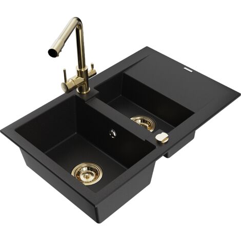 Mexen Gaspar fregadero de granito 1,5 senos con escurridor y grifo de cocina Duero, negro - 6507-77-671600-50