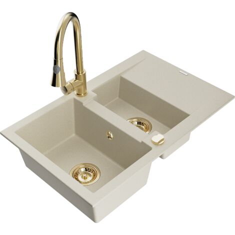 Mexen Gaspar fregadero de granito 1,5 senos con escurridor y grifo de cocina Elia, beige - 6507-69-670101-50