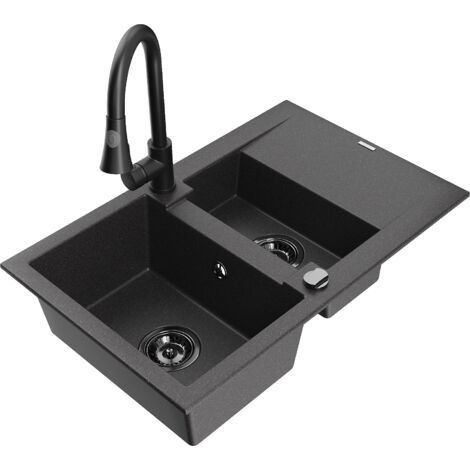 Mexen Gaspar fregadero de granito 1,5 senos con escurridor y grifo de cocina Elia, negro moteado - 6507-76-670101-70-B