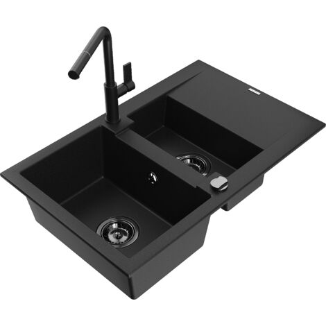 Mexen Gaspar fregadero de granito 1,5 senos con escurridor y grifo de cocina Flora, negro - 6507-77-670401-70-B