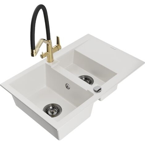 Mexen Gaspar fregadero de granito 1,5 tinas con escurridor y grifo de cocina Duo, blanco - 6507-20-671701-57-B