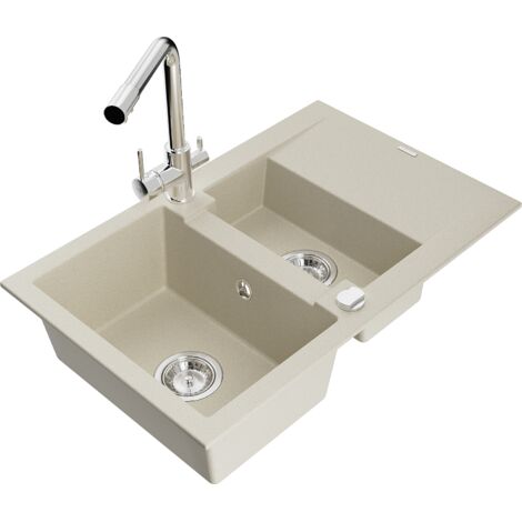 Mexen Gaspar fregadero de granito de 1,5 compartimentos con escurridor y grifo de cocina Duero, beige - 6507-69-671600-00