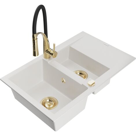 Mexen Gaspar fregadero de granito de 1,5 huecos con escurridor y grifo de cocina Aster, blanco - 6507-20-73450-57-G