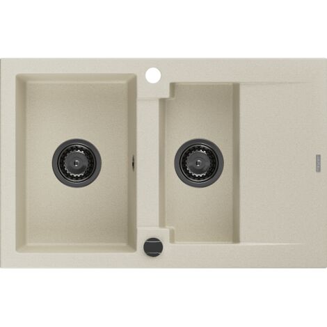 Mexen Gaspar fregadero de granito de 1,5 senos con escurridor 737 x 475 mm, beige, sif贸n negro - 6507731505-69-B