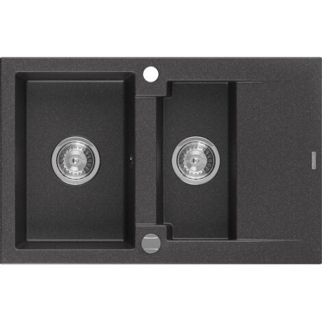 Mexen Gaspar fregadero de granito de 1,5 senos con escurridor 737 x 475 mm, negro moteado, sif贸n cromado - 6507731505-76