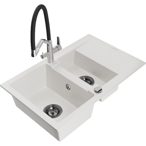Mexen Gaspar fregadero de granito de 1,5 senos con escurridor y grifo de cocina Duo, blanco - 6507-20-671701-07-B