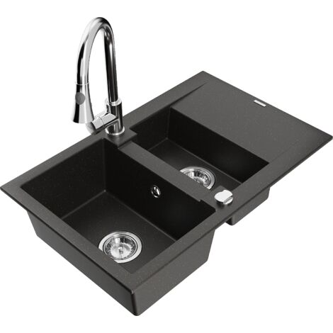 Mexen Gaspar fregadero de granito de 1,5 senos con escurridor y grifo de cocina Elia, negro/oro met谩lico - 6507-75-670101-00
