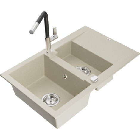 Mexen Gaspar fregadero de granito de 1,5 senos con escurridor y grifo de cocina Flora, beige - 6507-69-670401-07