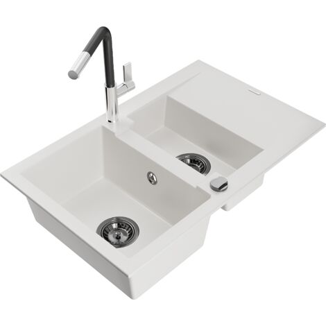 Mexen Gaspar fregadero de granito de 1,5 senos con escurridor y grifo de cocina Flora, blanco - 6507-20-670401-07-B