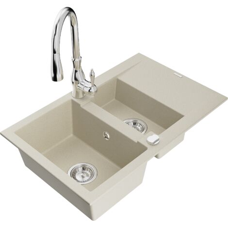 Mexen Gaspar fregadero de granito de 1,5 senos con escurridor y grifo de cocina Savita, beige - 6507-69-672601-00