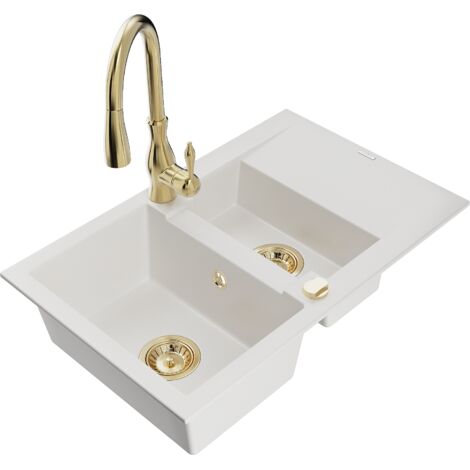 Mexen Gaspar fregadero de granito de 1,5 senos con escurridor y grifo de cocina Savita, blanco - 6507-20-672601-50