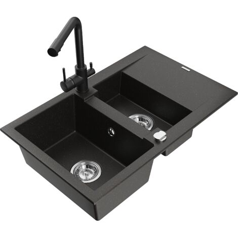 Mexen Gaspar fregadero de granito de 1,5 tazones con escurridor y grifo de cocina Duero, negro/dorado - 6507-75-671600-70