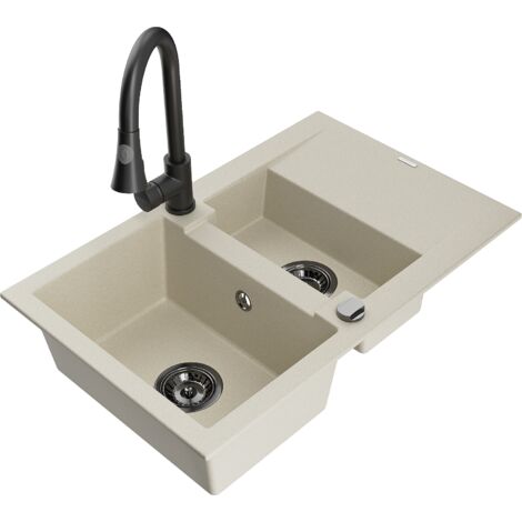 Mexen Gaspar fregadero de granito de 1,5 tazones con escurridor y grifo de cocina Elia, beige - 6507-69-670101-70