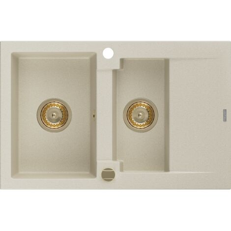 Mexen Gaspar lavello da cucina in granito 1,5 vasche con gocciolatoio 737 x 475 mm, beige, sifone dorato - 6507731505-69-G