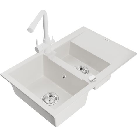 Mexen Gaspar lavello da cucina in granito 1,5 vasche con scolapiatti e miscelatore cucina Duero, bianco - 6507-20-671600-20