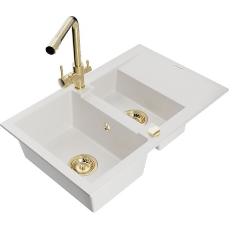 Mexen Gaspar lavello in granito 1,5 camere con scolapiatti e rubinetto da cucina Duero, bianco - 6507-20-671600-50