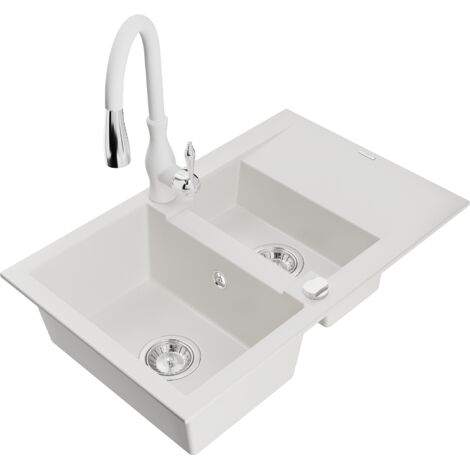 Mexen Gaspar lavello in granito 1,5 camere con scolapiatti e rubinetto da cucina Savita, bianco - 6507-20-672601-20