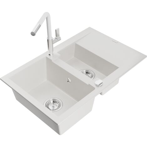 Mexen Gaspar lavello in granito 1,5 vasca con gocciolatoio e miscelatore da cucina Flora, bianco - 6507-20-670401-02