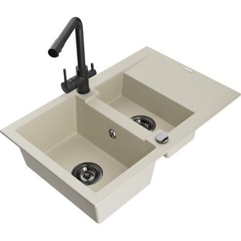 Mexen Gaspar lavello in granito 1,5 vasca con scolapiatti e miscelatore da cucina Duero, beige - 6507-69-671600-70