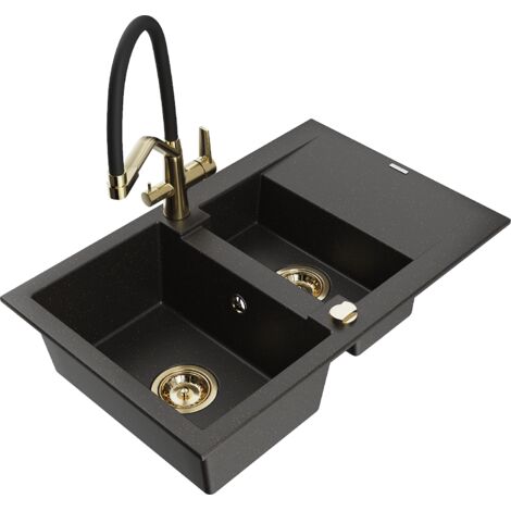 Mexen Gaspar lavello in granito 1,5 vasca con scolapiatti e rubinetto da cucina Duo, nero/oro metallico - 6507-75-671701-57-G