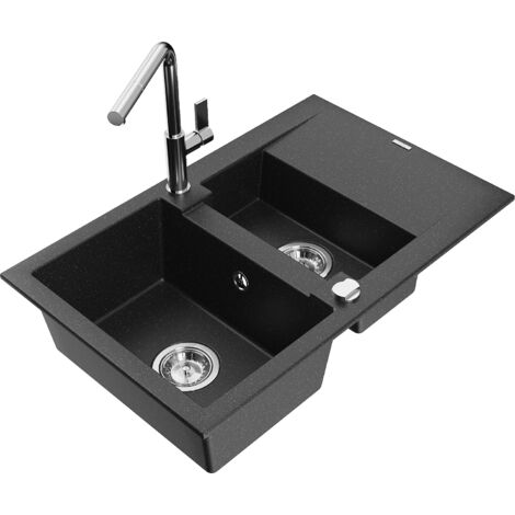 Mexen Gaspar lavello in granito 1,5 vasca con scolapiatti e rubinetto da cucina Flora, nero/argento - 6507-73-670401-00