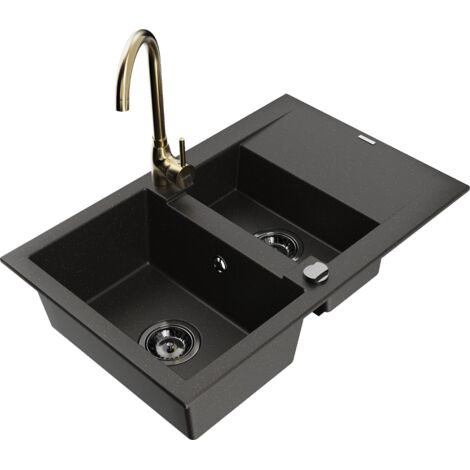 Mexen Gaspar lavello in granito 1,5 vasca con scolapiatti e rubinetto da cucina Telma, nero/oro - 6507-75-670200-50-B