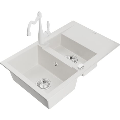 Mexen Gaspar lavello in granito 1,5 vasche con scivolo e rubinetto da cucina Carla, bianco - 6507-20-670700-20