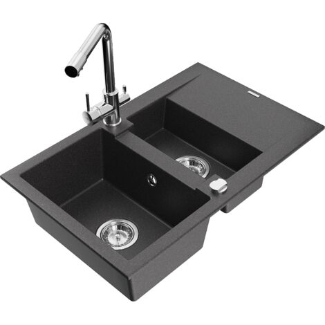 Mexen Gaspar lavello in granito 1,5 vasche con scolapiatti e rubinetto da cucina Duero, nero maculato - 6507-76-671600-00