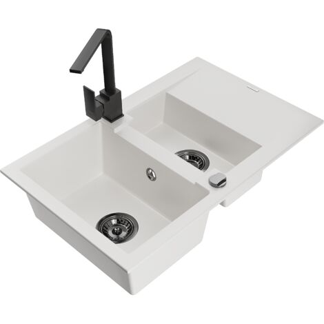 Mexen Gaspar lavello in granito 1,5 vasche con scolapiatti e rubinetto da cucina Rita, bianco - 6507-20-670300-70