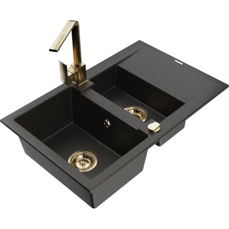 Mexen Gaspar lavello in granito 1,5 vasche con scolapiatti e rubinetto da cucina Rita, nero/oro - 6507-75-670300-50