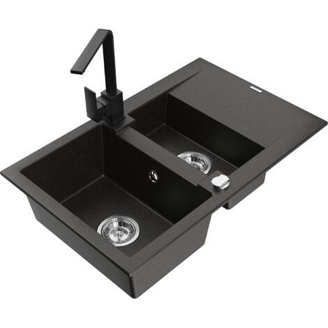 Mexen Gaspar lavello in granito 1,5 vasche con scolapiatti e rubinetto da cucina Rita, nero/oro - 6507-75-670300-70