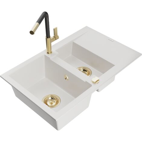 Mexen Gaspar lavello in granito 1,5 vasche con sgocciolatoio e miscelatore cucina Flora, bianco - 6507-20-670401-57-G