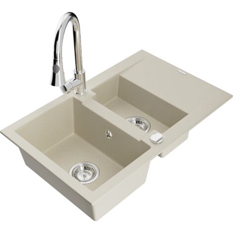 Mexen Gaspar lavello in granito 1,5 vasche con sgocciolatoio e miscelatore da cucina Elia, beige - 6507-69-670101-00