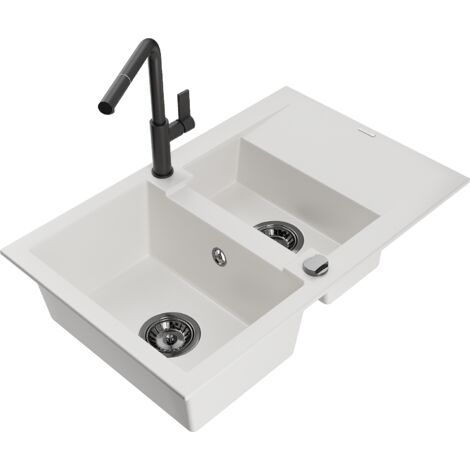 Mexen Gaspar lavello in granito 1,5 vasche con sgocciolatoio e rubinetto da cucina Flora, bianco - 6507-20-670401-70-B