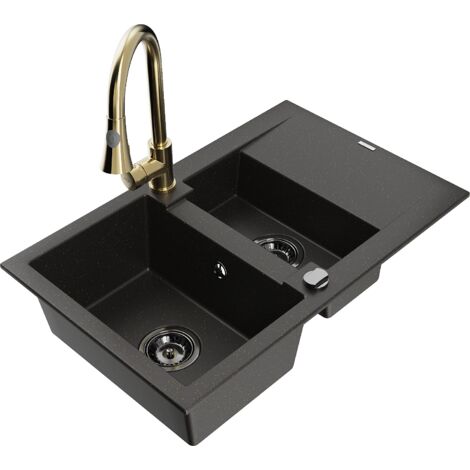 Mexen Gaspar lavello in granito a 1,5 vasche con scolapiatti e rubinetto da cucina Elia, nero/oro metallizzato