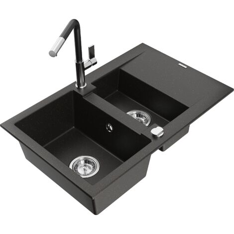 Mexen Gaspar lavello in granito con 1,5 vasche con scolapiatti e rubinetto da cucina Flora, nero/oro metallizzato