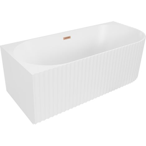 Mexen Gia baignoire autoportante d'angle cannelée gauche 170 x 80 cm, blanc mat, trop-plein cuivre brossé - 52701708001L-65