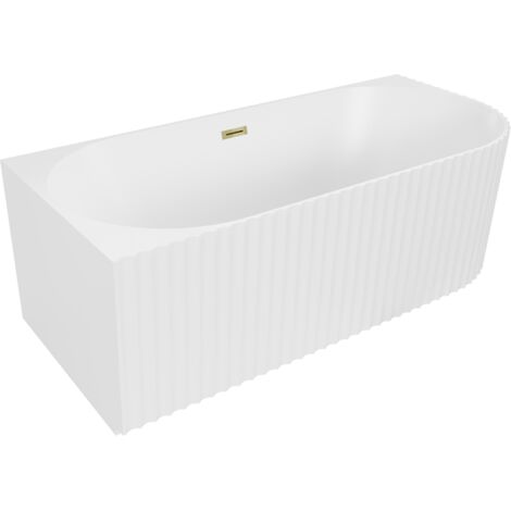 Mexen Gia freistehende Eckbadewanne links 150 x 75 cm, weiß matt, Überlauf gold - 52701507501L-50