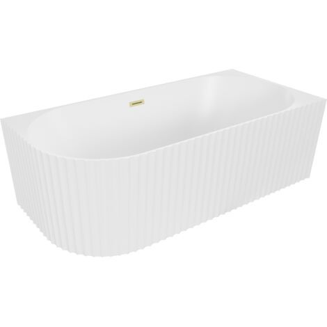 Mexen Gia vasca da bagno freestanding ad angolo zigrinata destra 150 x 75 cm, bianca opaca, troppo pieno oro spazzolato - 527015
