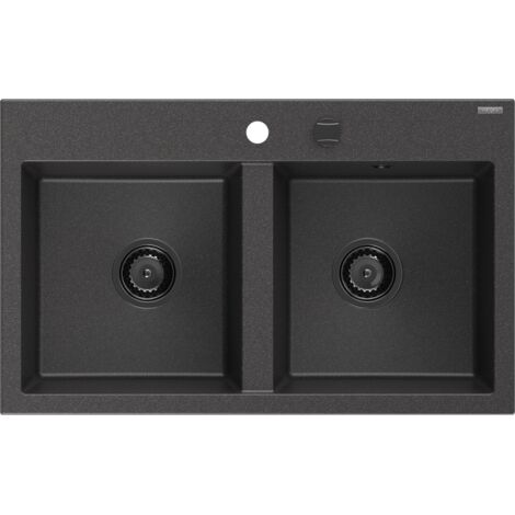 Mexen Hektor évier en granit 2 bacs 800 x 480 mm, noir moucheté, siphon noir - 6521802000-76-B