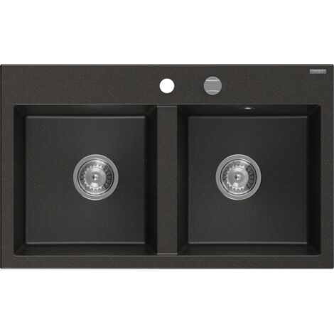 Mexen Hektor évier en granit à 2 compartiments 800 x 480 mm, noir/métallisé or, siphon chromé - 6521802000-75
