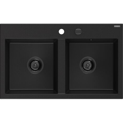 Mexen Hektor fregadero de granito de 2 compartimentos 800 x 480 mm, negro, sif贸n negro - 6521802000-77-B