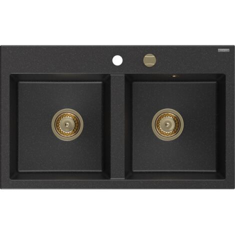 Mexen Hektor fregadero de granito de 2 senos 800 x 480 mm, negro/plateado met谩lico, sif贸n dorado - 6521802000-73-G