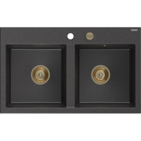 Mexen Hektor fregadero de granito de 2 senos 800 x 480 mm, negro salpicado, sif贸n dorado - 6521802000-76-G