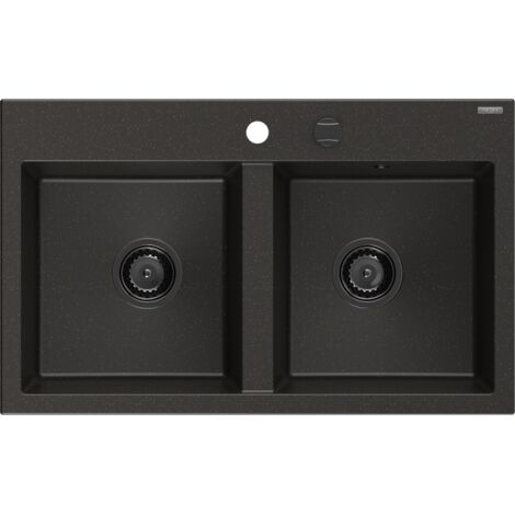 Mexen Hektor lavello da cucina in granito a 2 vasche 800 x 480 mm, nero/oro metallizzato, sifone nero - 6521802000-75-B