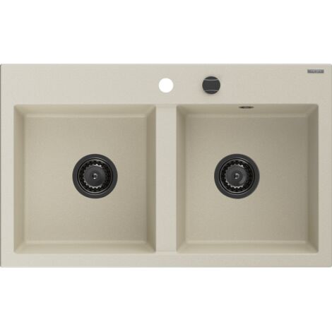 Mexen Hektor lavello in granito a 2 vasche 800 x 480 mm, beige, sifone nero - 6521802000-69-B