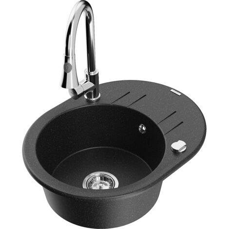 Mexen Kevin 1 Becken-Granitspüle mit Abtropffläche und Mischbatterie Elia, Schwarz/Silbermetallic -