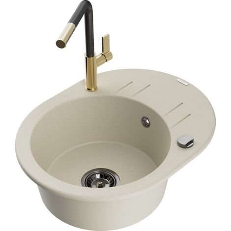 Mexen Kevin 1 Becken-Granitspüle mit Abtropffläche und Mischbatterie Flora, Beige - 6517-69-670401-5